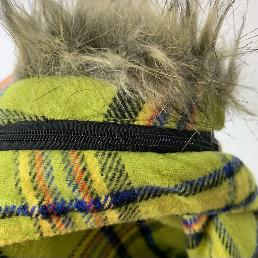 Mossimo Supply Co Retro Lime Green Blue Multi Plaid Full Zip Vest Faux Fur Hood - Picture 10 of 15